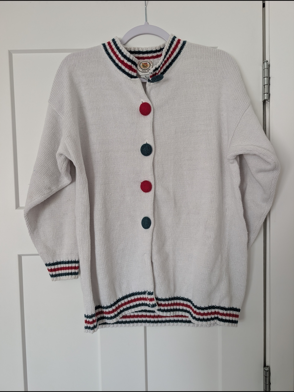 Retro White Knit Button-Up Cardigan with Red & Green Trim Size Medium